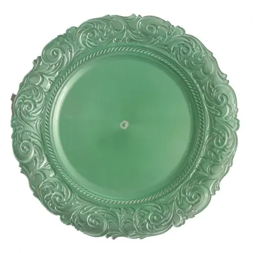Plato de presentación de plástico verde diseño garigoleado en las orillas de 33x33x1.5cm