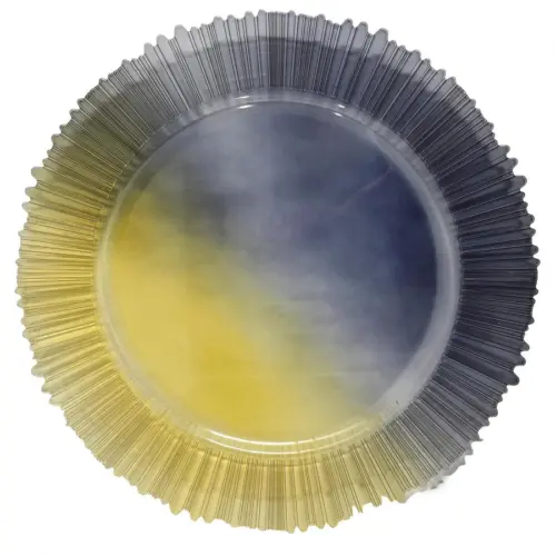 Plato de presentación de plástico transparente amarillo diseño rayas en la orilla de 33x33x1.5cm