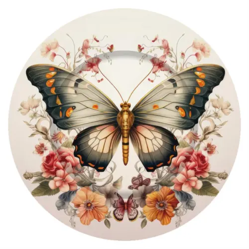 Plato de presentación de plástico estampado mariposa negra con flores de 33x33x1.5cm