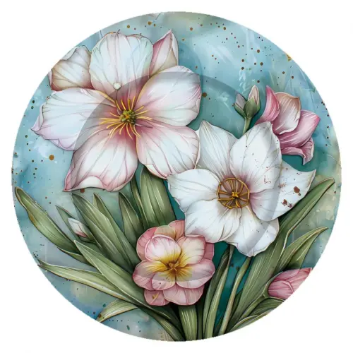 Plato de presentación de plástico estampado flores blancas y fondo azul de 33x33x1.5cm