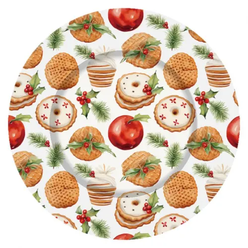 Plato de presentación de plástico navideño con galletas y manzanas de 33x33x1.5cm