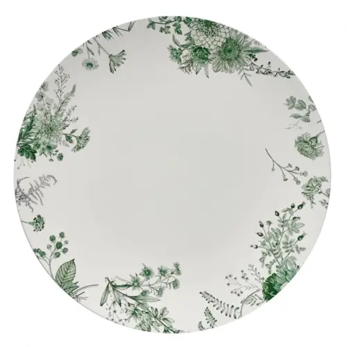 Plato de presentación de plástico blanco con follaje verde de 25x25x1cm