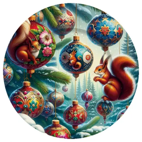 Plato de presentación de plástico navideño con esferas y ardilla de 33x33x1.5cm