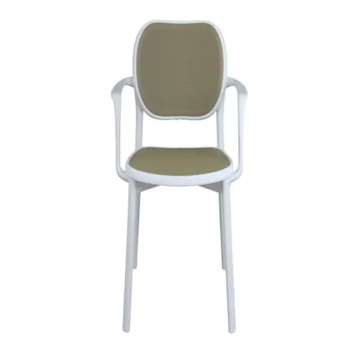 Silla de plástico y textileno con descansabrazos blanca con asiento y respaldo beige de 59.4x55x81cm