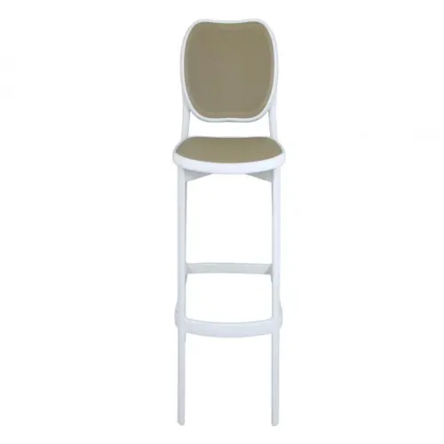 Silla de plástico y textileno de bar blanca con asiento y respaldo beige de 51x55x107.5cm