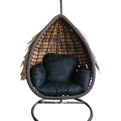 Sillón colgante tejido rattan con cojines café y base de metal de 120x96x71cm y 195x114x98cm