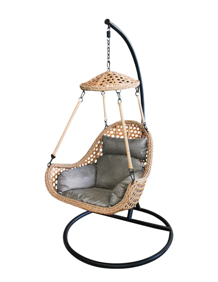 Sillón colgante tejido rattan con cojines beige y base de metal de 108x82x62cm y 195x114x98cm - Image 2