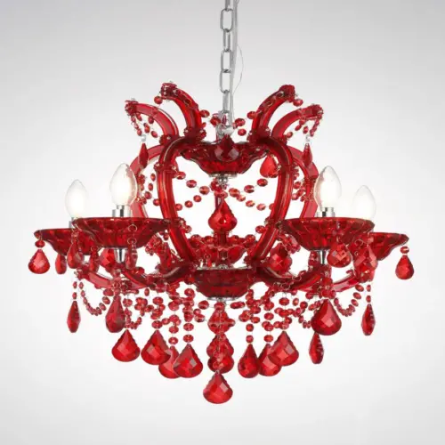 Candil de techo de metal con cristal rojo navideño de 5 focos de 55x55x56cm