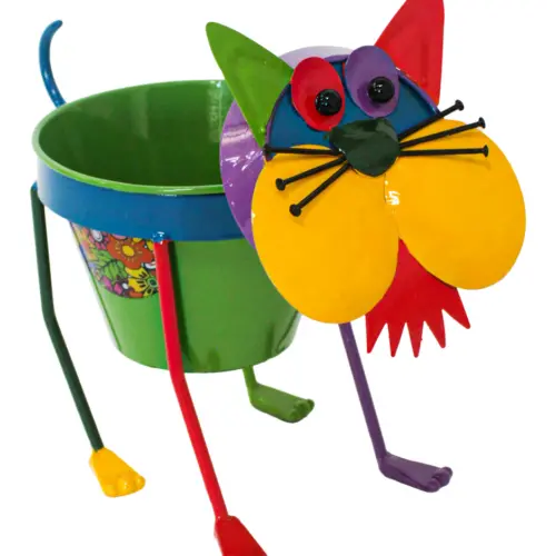 Gaton de metal con maceta de colores de16x30x25cm