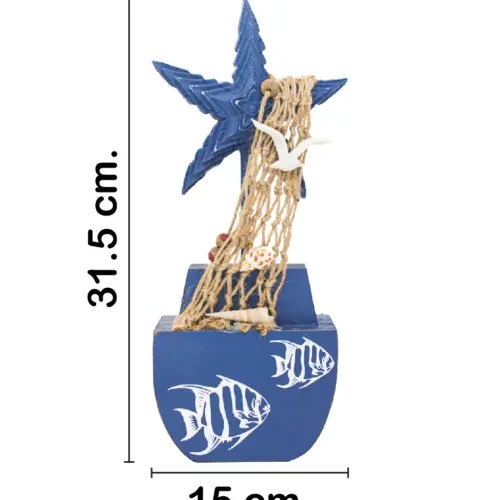 Estrella de madera de mar con red sobre base de 15x6x31.5cm