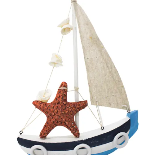 Velero de madera azul con estrella de 24x6x32.5cm