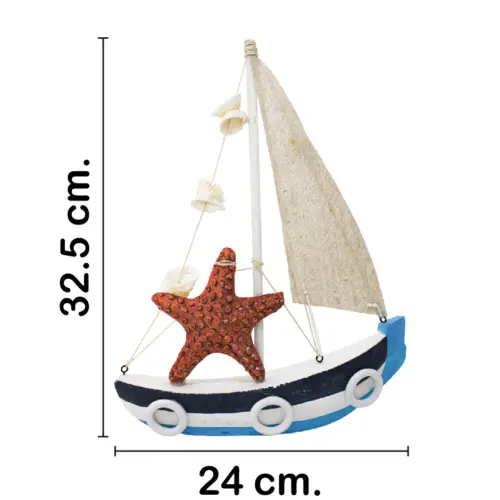 Velero de madera azul con estrella de 24x6x32.5cm