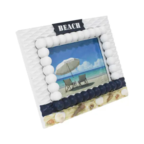 Portarretratos de madera blanco con azul y conchas de 26.5×21.5x3cm