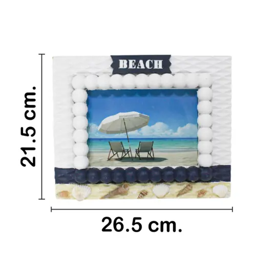 Portarretratos de madera blanco con azul y conchas de 26.5×21.5x3cm