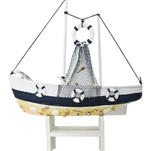 Barco de madera con soporte blanco de 43x15x54cm