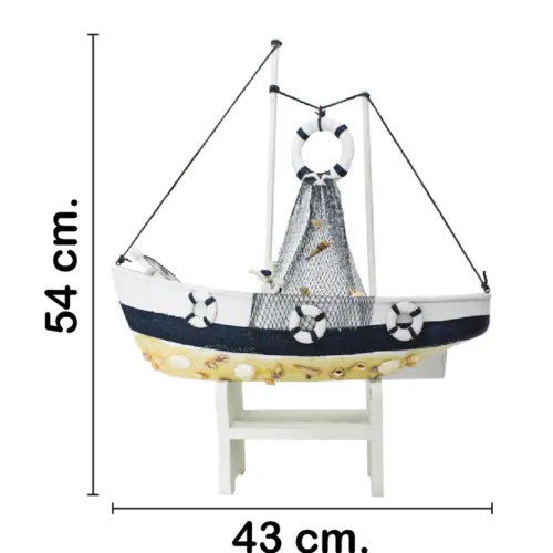 Barco de madera con soporte blanco de 43x15x54cm
