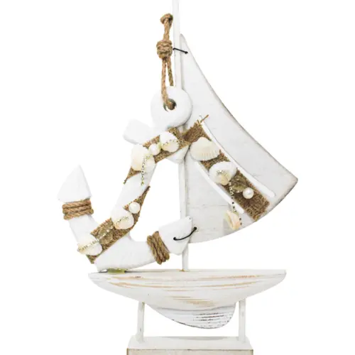Barco de madera con ancla y conchas marinas blanco de 21.5x4x33cm