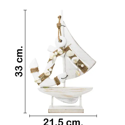 Barco de madera con ancla y conchas marinas blanco de 21.5x4x33cm