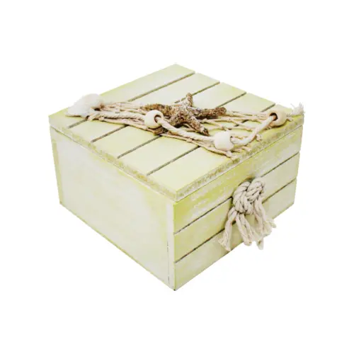 Caja de madera con detalles marinos verde de 13x13x9cm