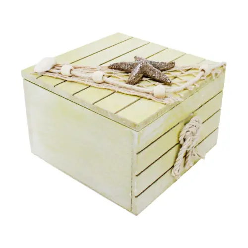Caja de madera con detalles marinos verde de 16x16x12cm