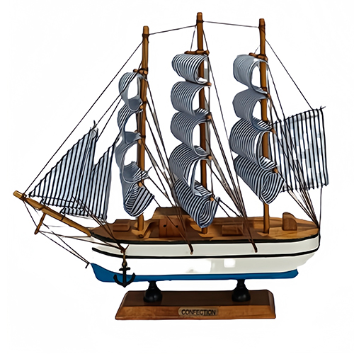 Barco de madera blanco con azul y base de 24cm