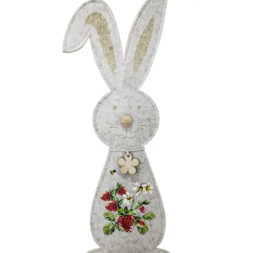 Conejo de fieltro con dibujo de fresas en base de madera de 22x60x8cm