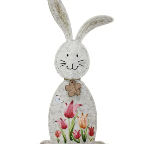 Conejo de fieltro con dibujo de tulipanes en base de madera de 22x44x7cm