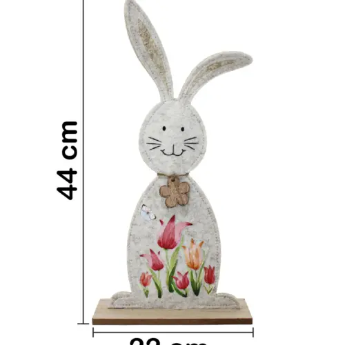 Conejo de fieltro con dibujo de tulipanes en base de madera de 22x44x7cm