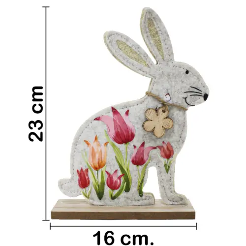Conejo de fieltro con dibujo de tulipanes en base de madera de 16x23x5cm