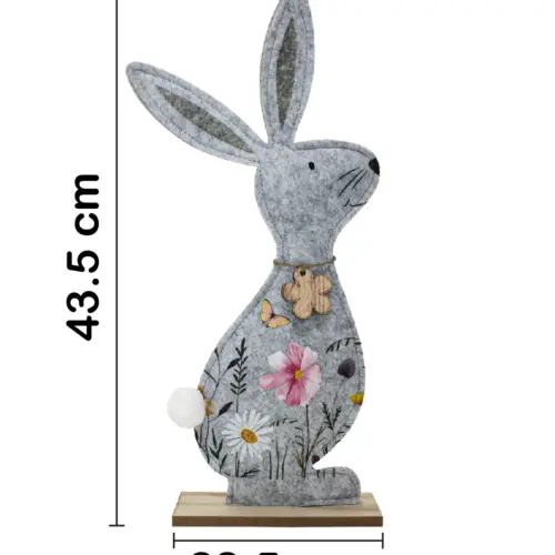 Conejo de fieltro con dibujo de flores rosas en base de madera de 22.5×43.5x6cm