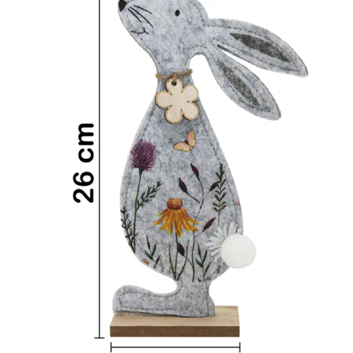 Conejo de fieltro con dibujo de flores rosas y amarillas en base de madera de 15x26x4.5cm