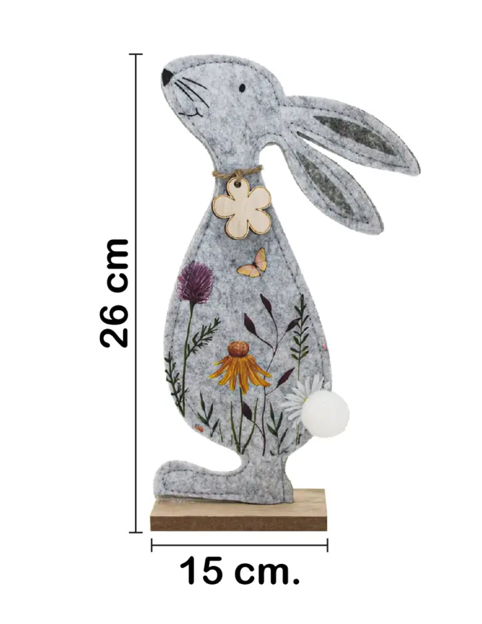 Conejo de fieltro con dibujo de flores rosas y amarillas en base de madera de 15x26x4.5cm - Image 2