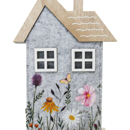 Casa de fieltro con dibujos de flores en base de madera de 16x23x4.5cm