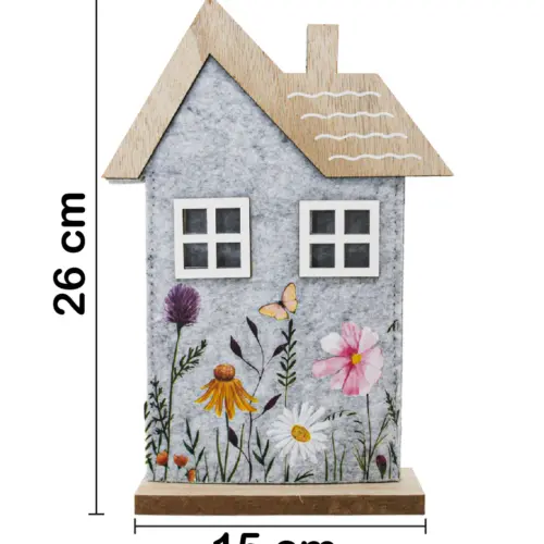 Casa de fieltro con dibujos de flores en base de madera de 16x23x4.5cm