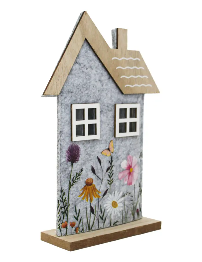 Casa de fieltro con dibujos de flores en base de madera de 16x23x4.5cm - Image 3