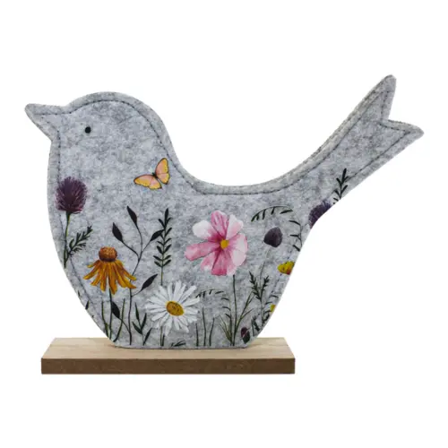 Pájaro de fieltro con dibujos de flores en base de madera de 22x16x5cm
