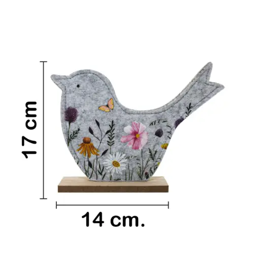 Pájaro de fieltro con dibujos de flores en base de madera de 22x16x5cm