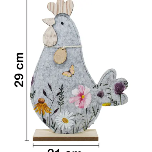 Gallina de fieltro  con dibujo de flores en base de madera de 21x29x5cm