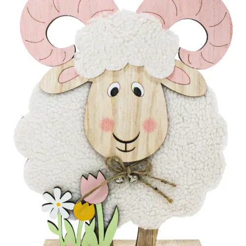 Borrego de peluche con tulipanes en base de madera de 23x30x6cm