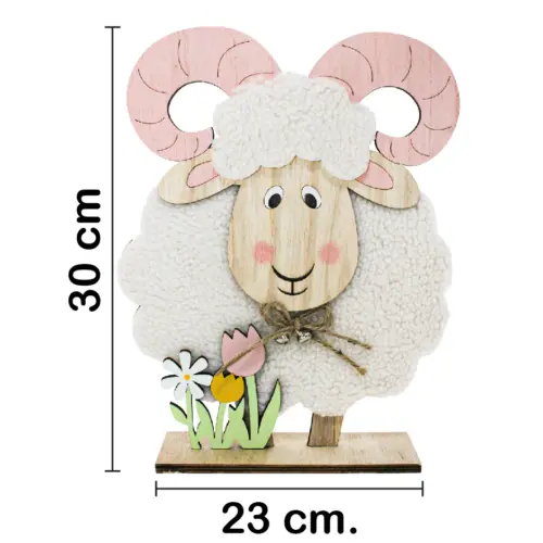 Borrego de peluche con tulipanes en base de madera de 23x30x6cm