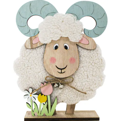 Borrego de peluche con tulipanes en base de madera de 17x22x5cm