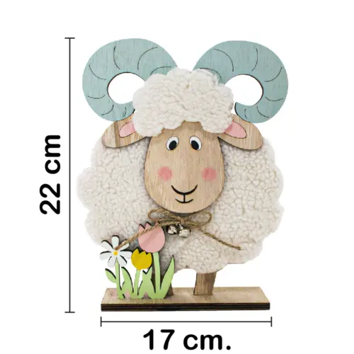 Borrego de peluche con tulipanes en base de madera de 17x22x5cm