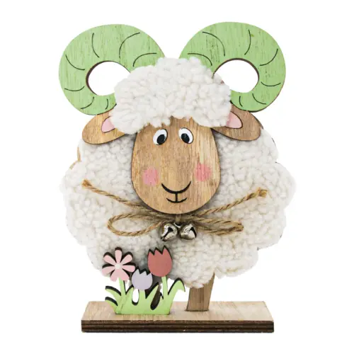 Borrego de peluche con tulipanes en base de madera de 12x6x4cm