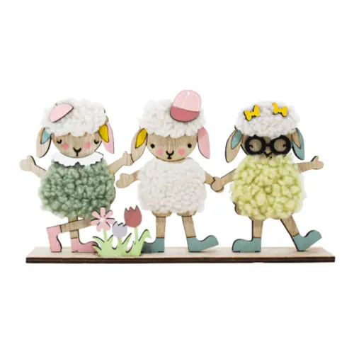 Borregos de peluche verde blanco y amarillo en base de madera de 23x12x3.5cm