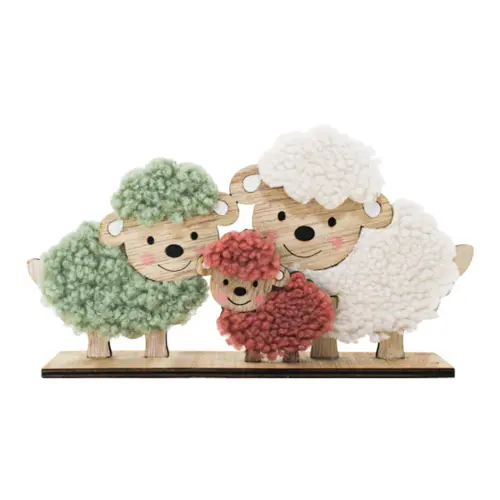 Borregos de peluche verde blanco y amarillo en base de madera de 22.5×12.5×4.5cm