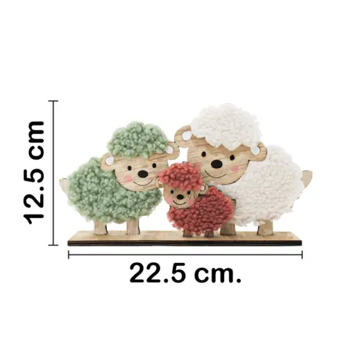 Borregos de peluche verde blanco y amarillo en base de madera de 22.5×12.5×4.5cm