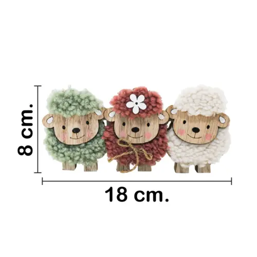 Borregos de peluche verde blanco y amarillo en base de madera de 18×14.5x5cm