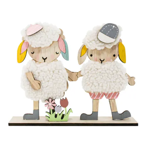 Borregos de peluche blanco con flores en base de madera de 20x16x4cm