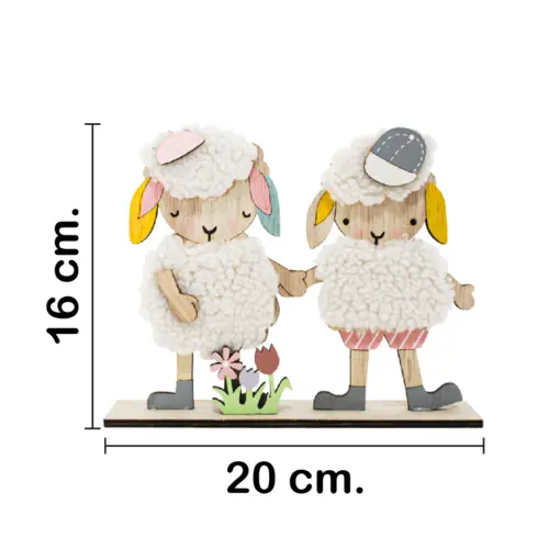 Borregos de peluche blanco con flores en base de madera de 20x16x4cm