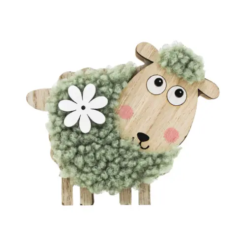 Borrego de peluche verde con flor blanca en base de madera de 12x10cm